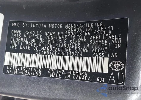 2013 Toyota Corolla L from USA, damaged, VIN 2T1BU4EE4DC118704